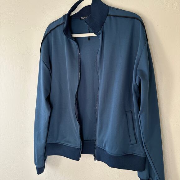 ZARA | Women's Full Zip Retro Jacket NEW Size Medium Blue Petrol Varsity Track - Picture 4 of 14